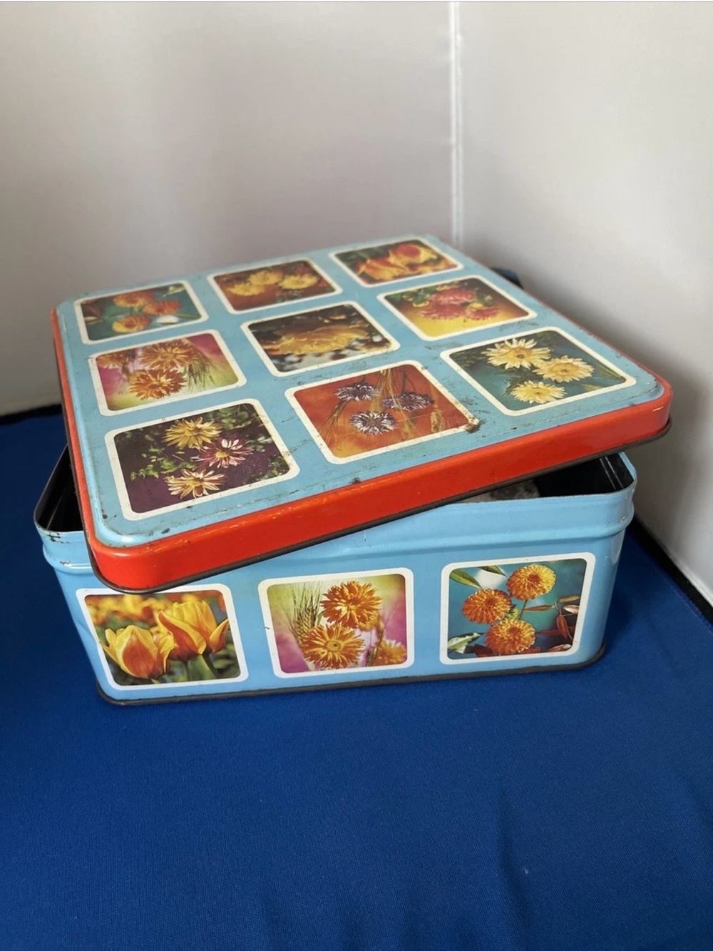 Vintage Blue Floral Decorative Storage Tin - Orange Accents